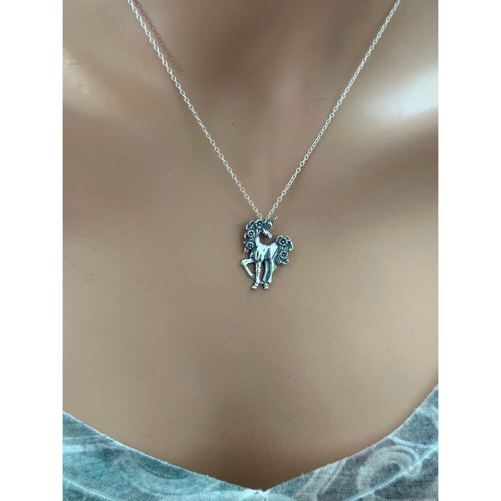 Sterling Silver Prancing Unicorn with a Flower Mane Necklace